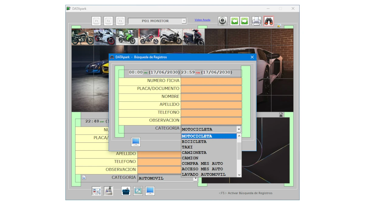 Búsqueda de registros por categoría de carros, motos, taxis en software DATApark para control de estacionamientos