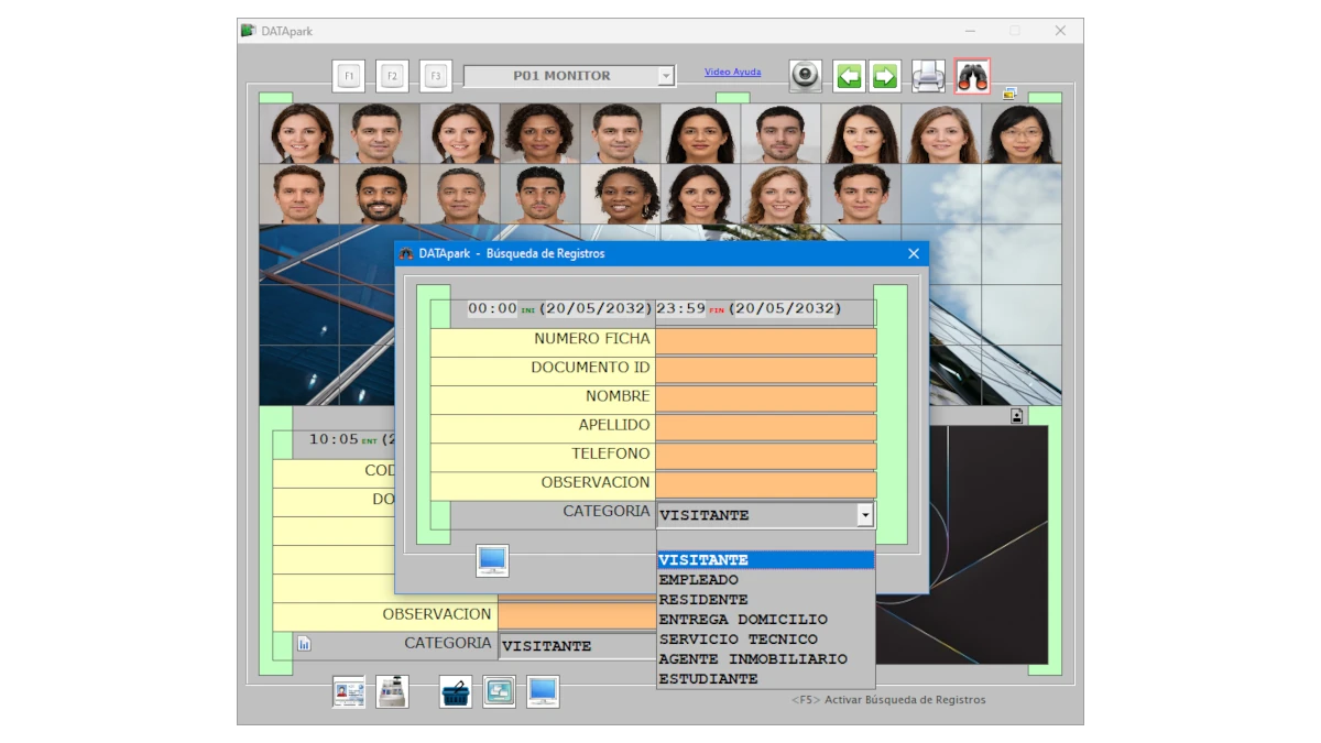 Búsqueda de registros por categoría de visitas, empleados, residentes en software DATApark para control acceso de visitantes