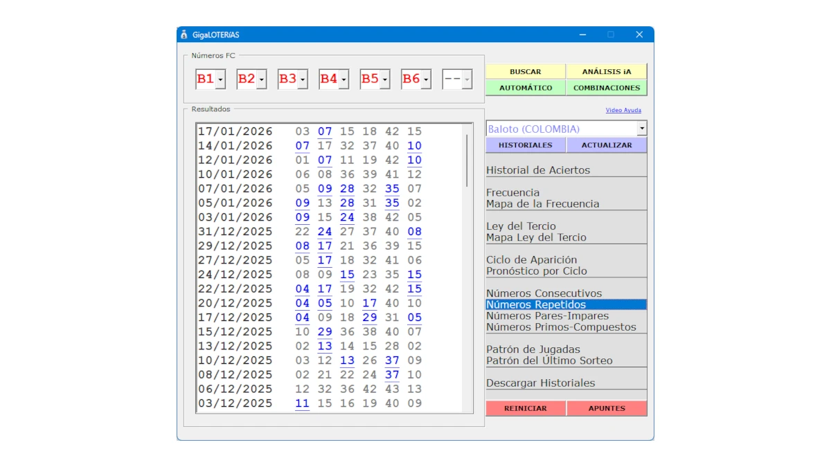 Análisis del patrón de números repetidos en software GigaLOTERíAS para ganar la lotería con ayuda de iA