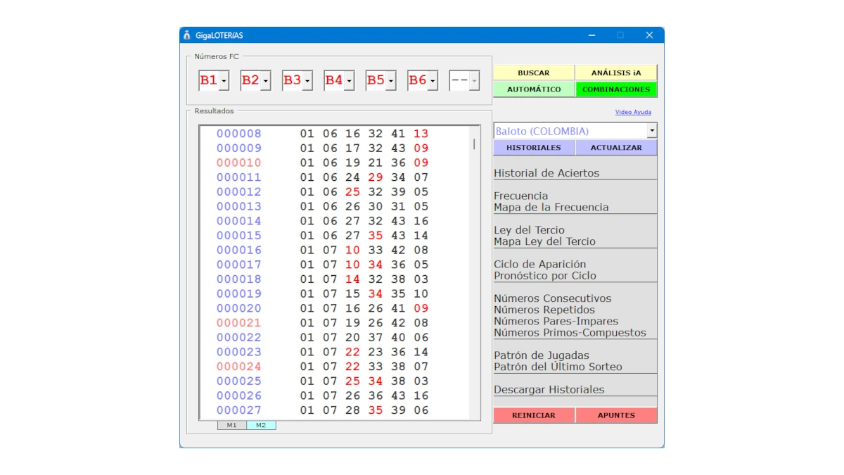 Generador de combinaciones con verificador de aciertos en software GigaLOTERíAS para ganar la lotería con ayuda de iA