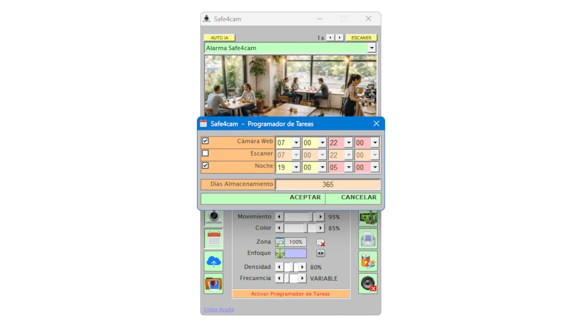 Programar horario de encendido, apagado y visión nocturna en software Safe4cam para convertir cámara web en cámara de seguridad